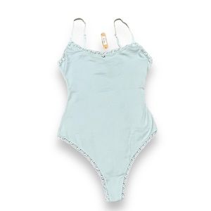 SKIMS LARGE LACE POINTELLE CAMI THONG BODYSUIT Sky Blue NWT